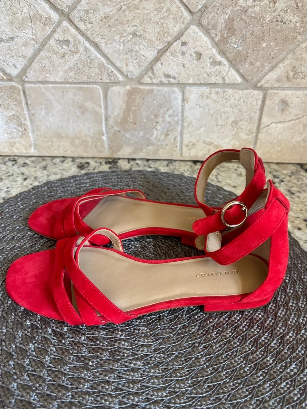 New!!! Karmin Red Suede Ankle Strap Flat Sandals 6
